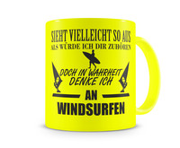 Tasse mit dem Motiv Ich denke an Windsurfen Tasse Modellnummer  neon gelb/schwarz