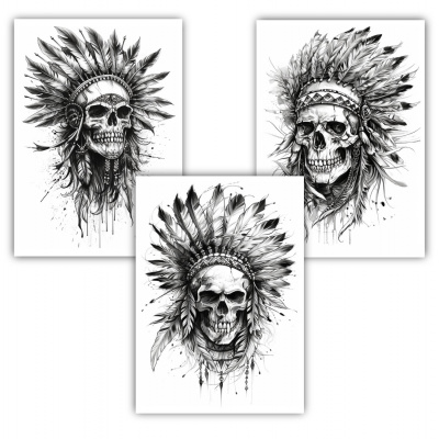Kunstdruck mit dem Motiv Totenkopf Set mit Indianer Motiven