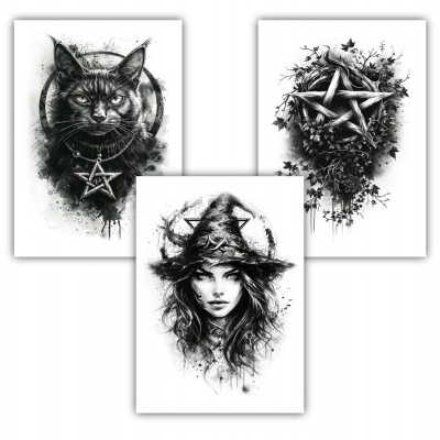 Kunstdruck mit dem Motiv Hexen Set mit Pentagram Motiven