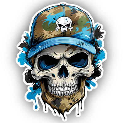 Blauer Totenkopf mit Kappe Aufkleber Cartoon