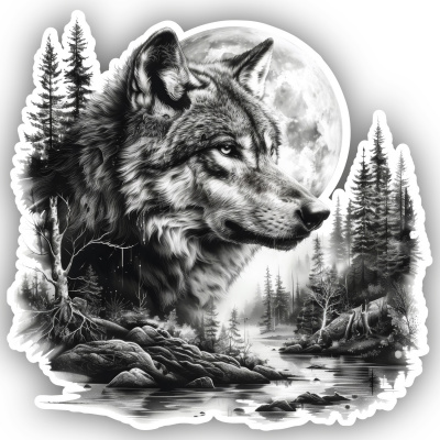Wolf in Wald Szene Aufkleber Illustration