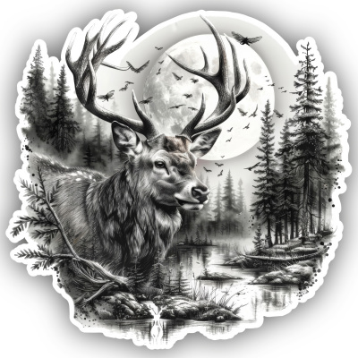 Hirsch in Wald Szene Aufkleber Illustration